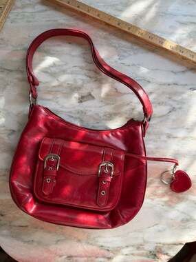CL America Red Faux Leather Shoulder Bag with Front Buckle Pockets and Heart Cha